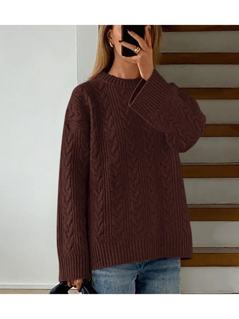 Women's Coffee Cozy Soft Chunky Textured Knit Crewneck Oversized Fashion Sweater - Picture 5 of 6
